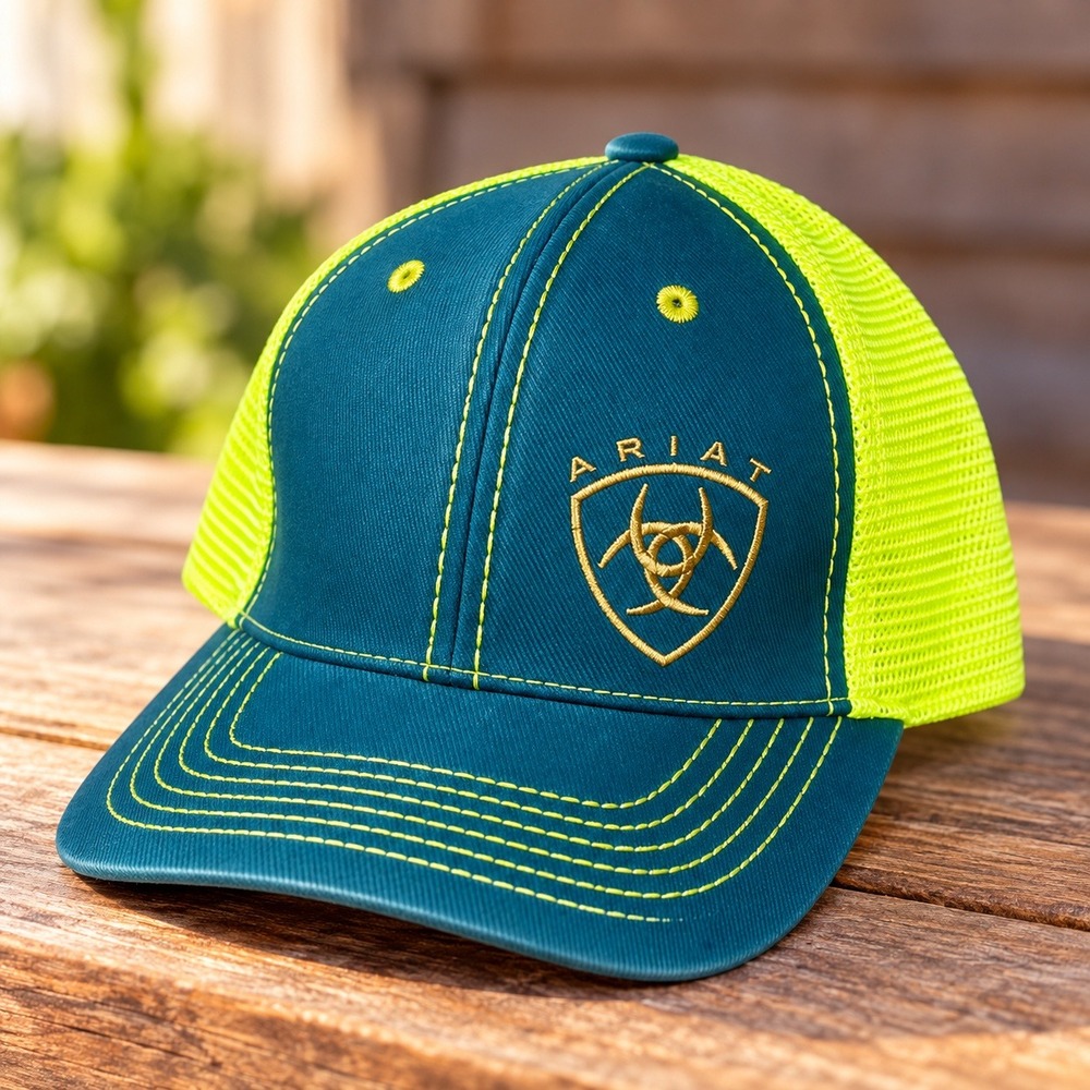 Ariat Mens Trucker Hat Teal Neon Yellow Embroidered Logo Snapback Mesh Cap OSFM